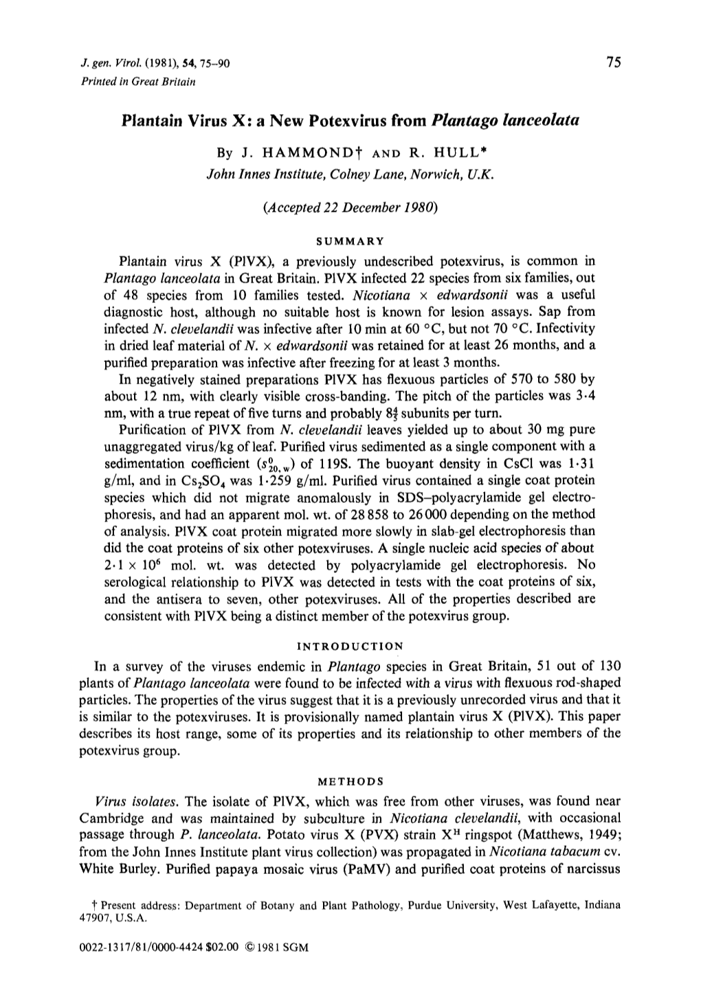 Plantain Virus X: a New Potexvirus from Plantago Lanceolata SUMMARY