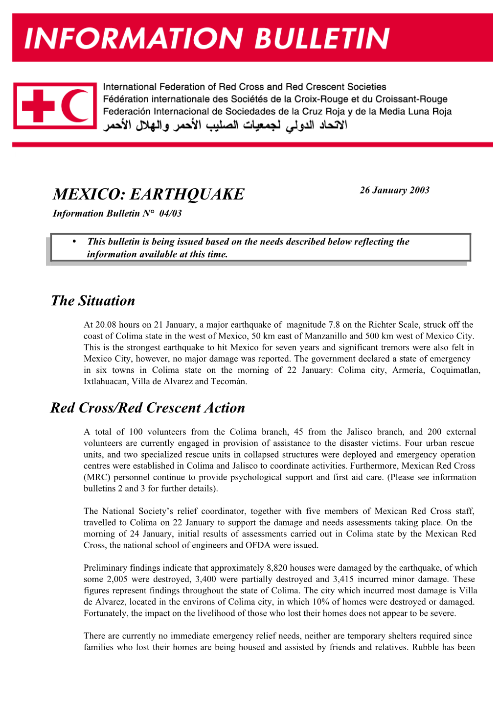 Mexico Earthquake Information Bulletin No.4