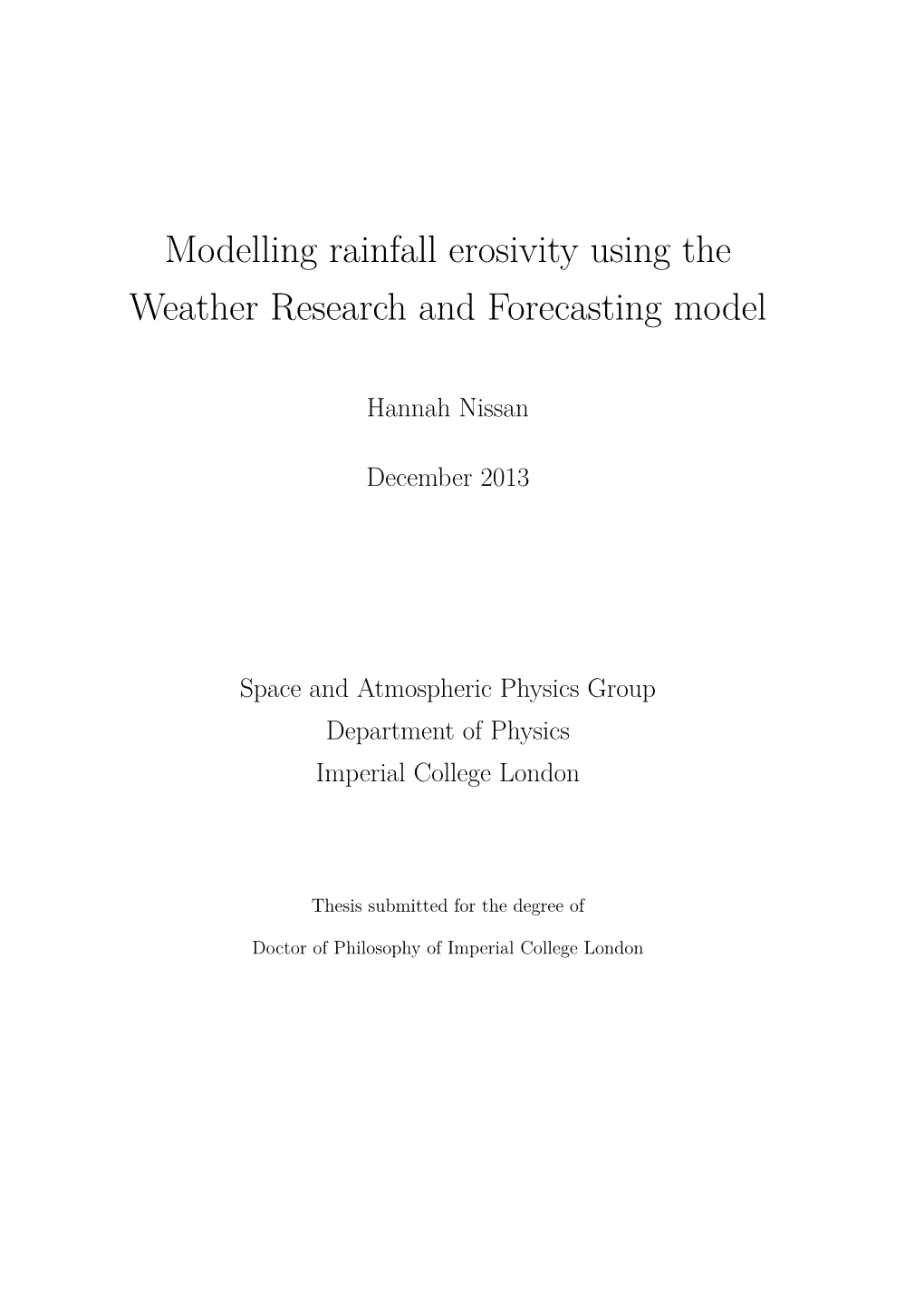 Modelling Rainfall Erosivity Using the Weather Research and Forecasting Model
