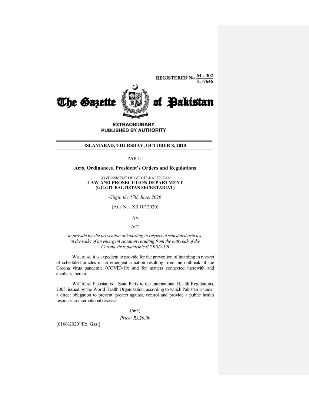 Part I] the Gazette of Pakistan, Extra., October 8, 2020 663