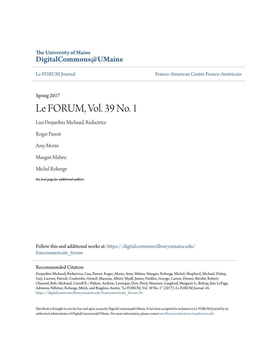 Le FORUM, Vol. 39 No. 1 Lisa Desjardins Michaud, Rédactrice