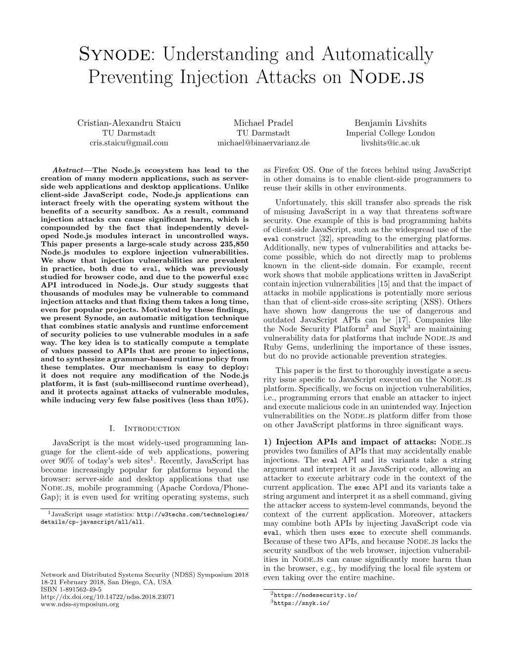 Understanding and Automatically Preventing Injection Attacks on Node.Js