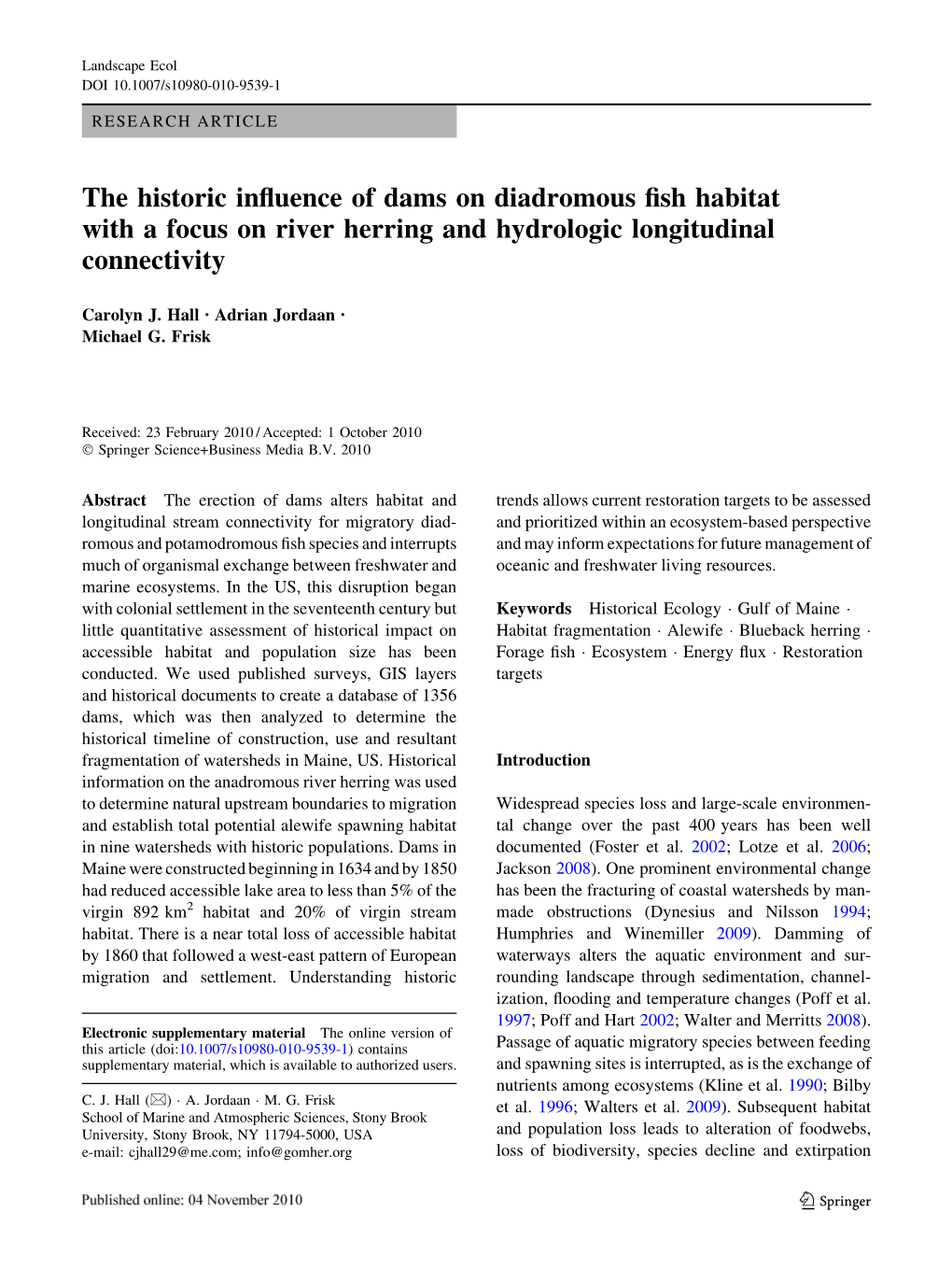 The Historic Influence of Dams on Diadromous Fish Habitat