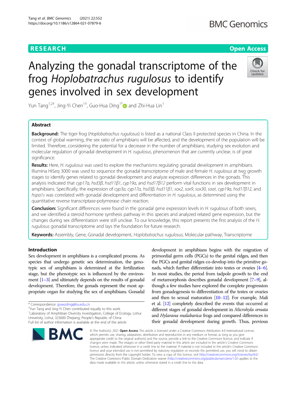 Analyzing the Gonadal Transcriptome of the Frog Hoplobatrachus