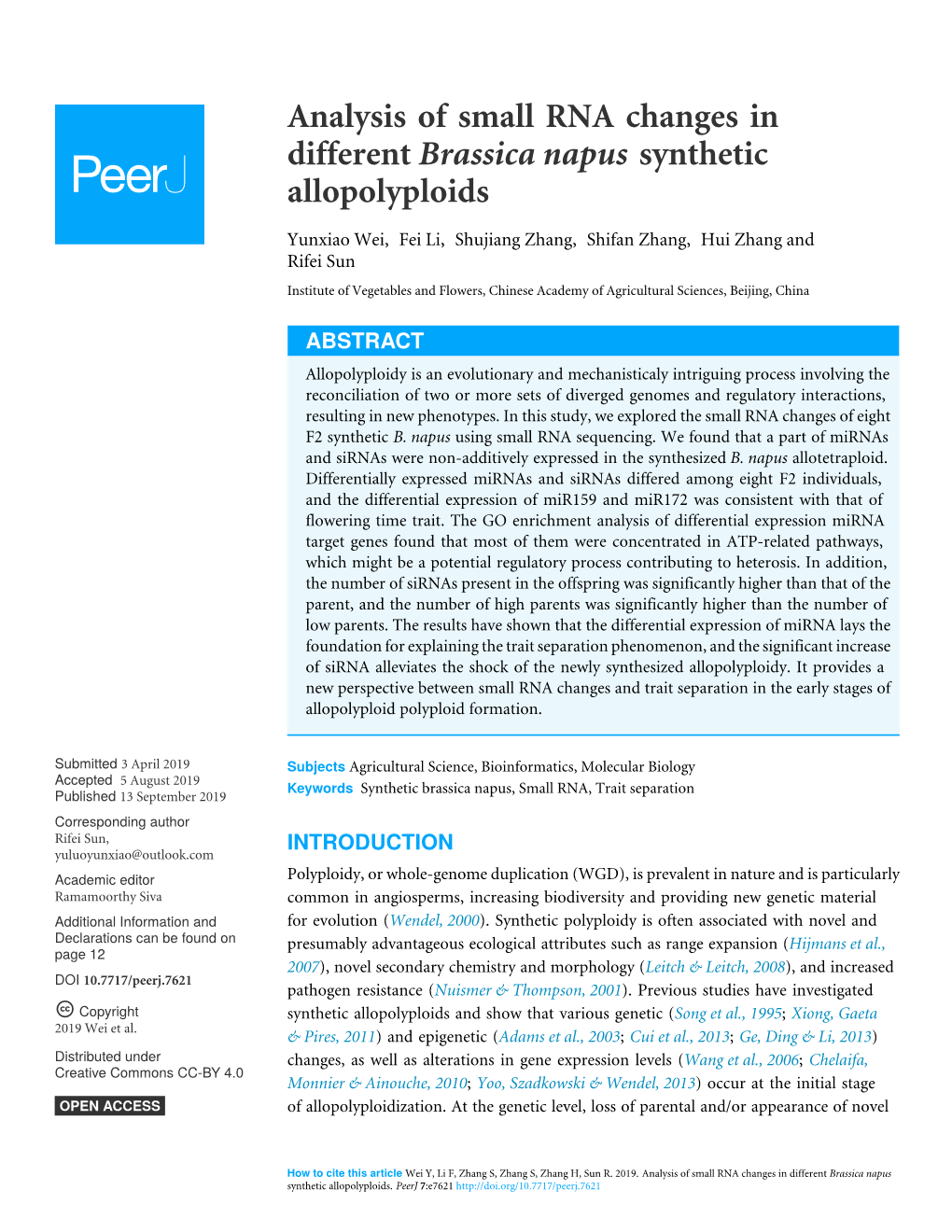 Analysis of Small RNA Changes in Different Brassica Napus Synthetic Allopolyploids