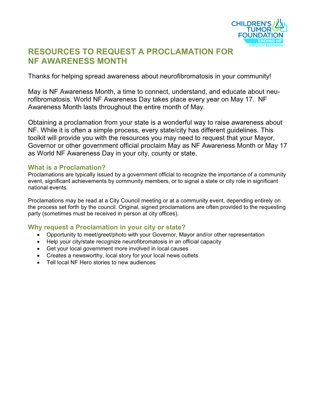 Resources to Request a Proclamation for Nf Awareness Month