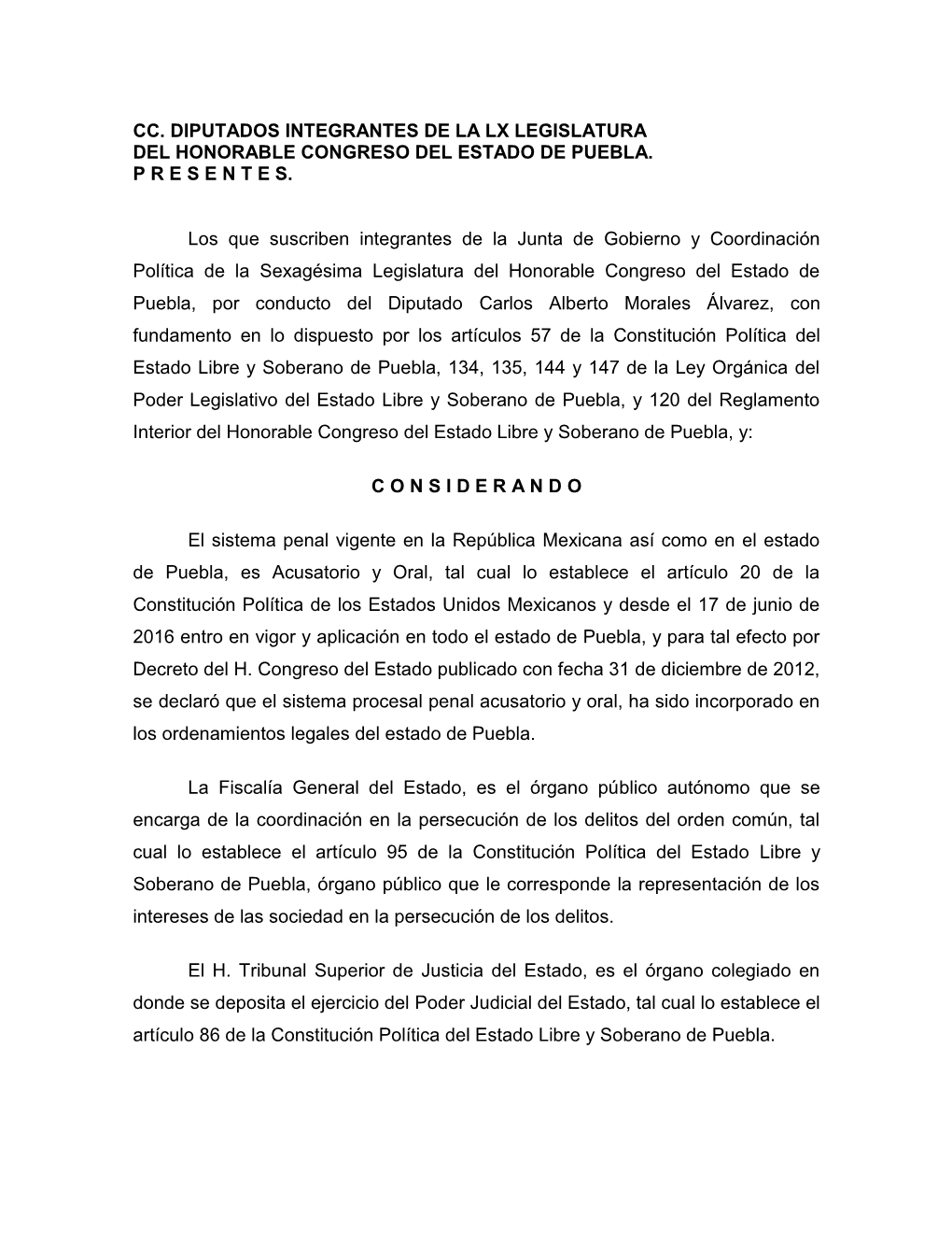 Cc. Diputados Integrantes De La Lx Legislatura Del Honorable Congreso Del Estado De Puebla