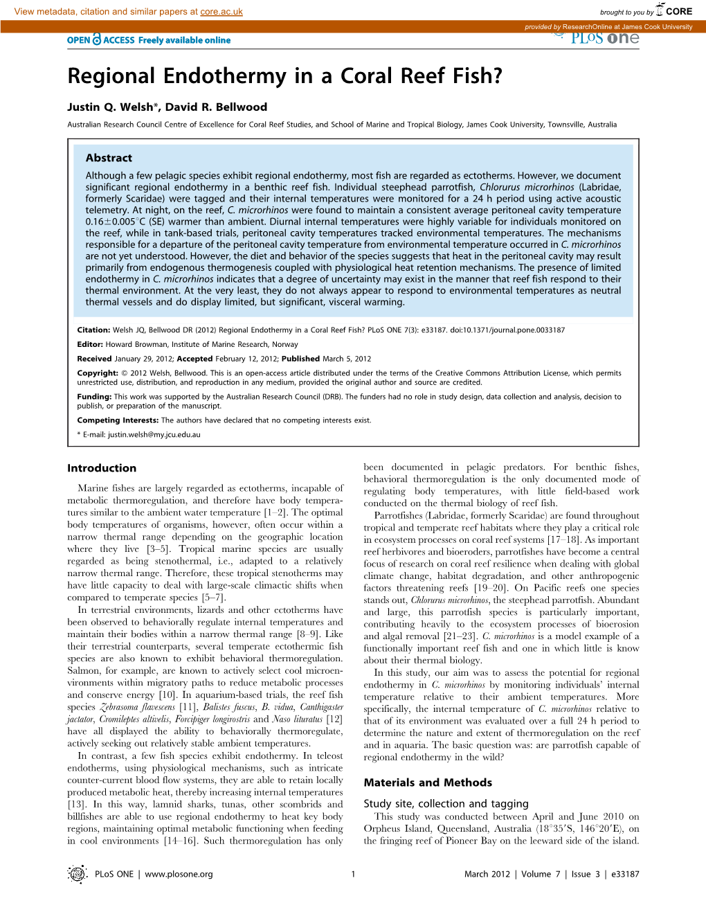 Regional Endothermy in a Coral Reef Fish?