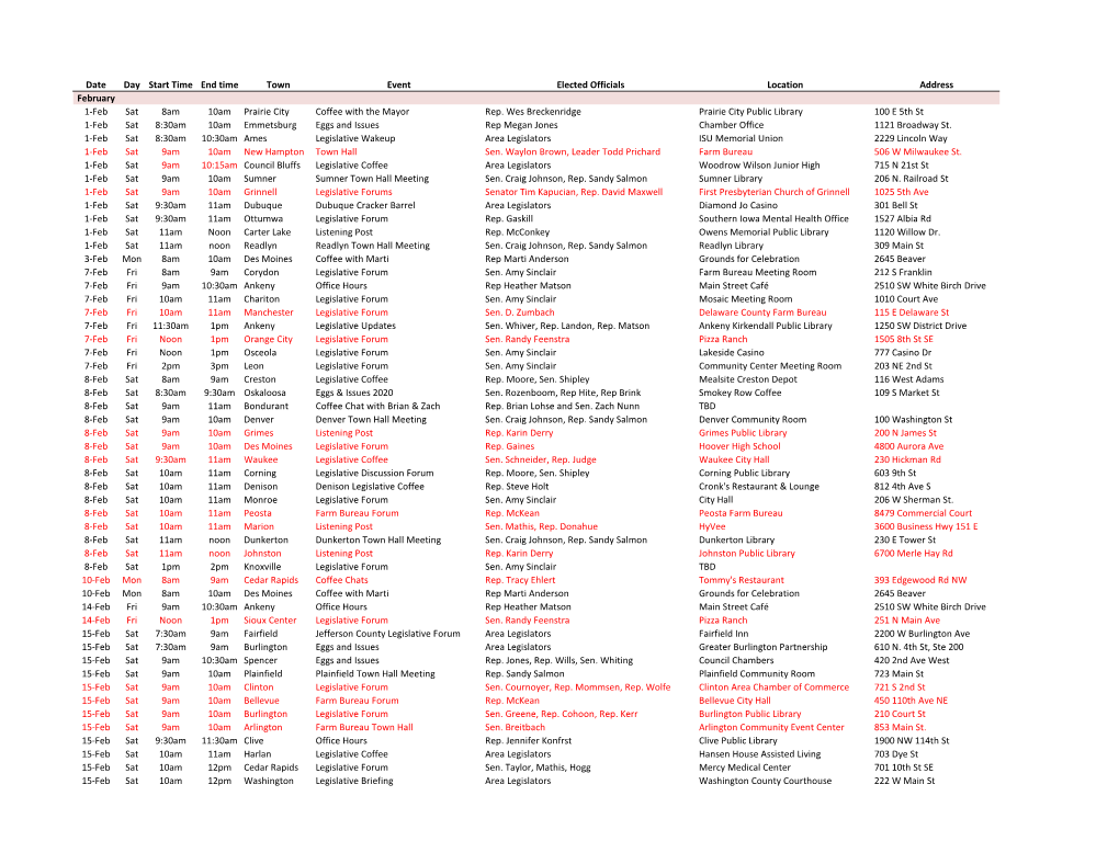 Date Day Start Time End Time Town Event Elected Officials Location Address February 1-Feb Sat 8Am 10Am Prairie City Coffee with the Mayor Rep