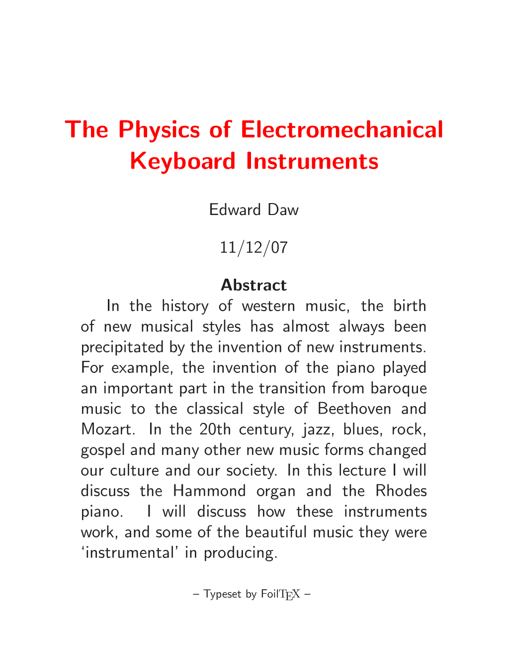 The Physics of Electromechanical Keyboard Instruments