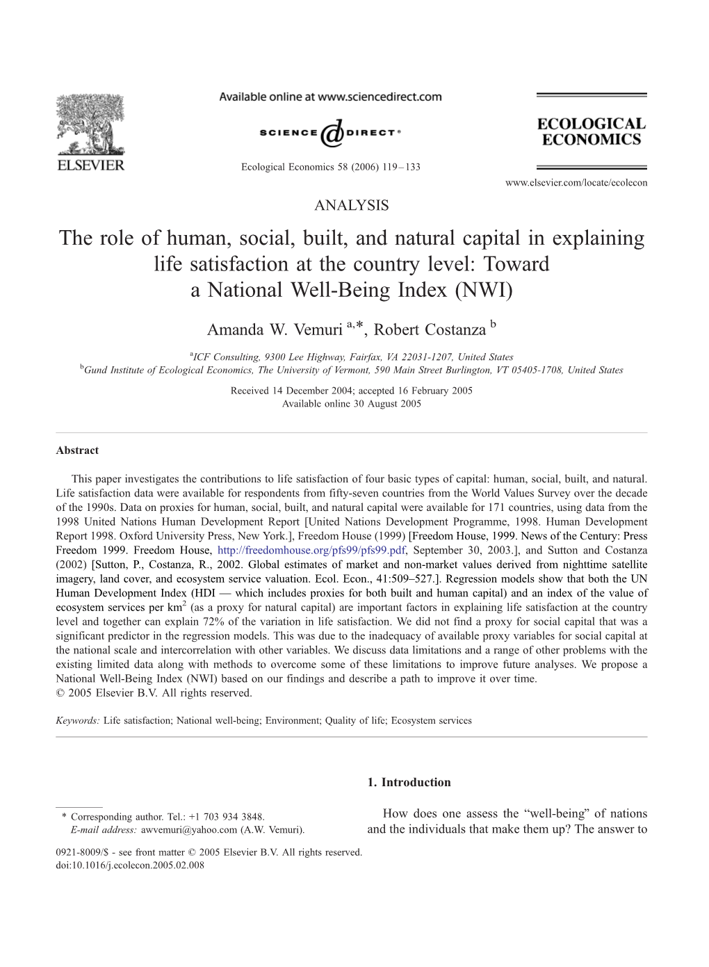 The Role of Human, Social, Built, and Natural Capital in Explaining Life Satisfaction at the Country Level: Toward a National Well-Being Index (NWI)