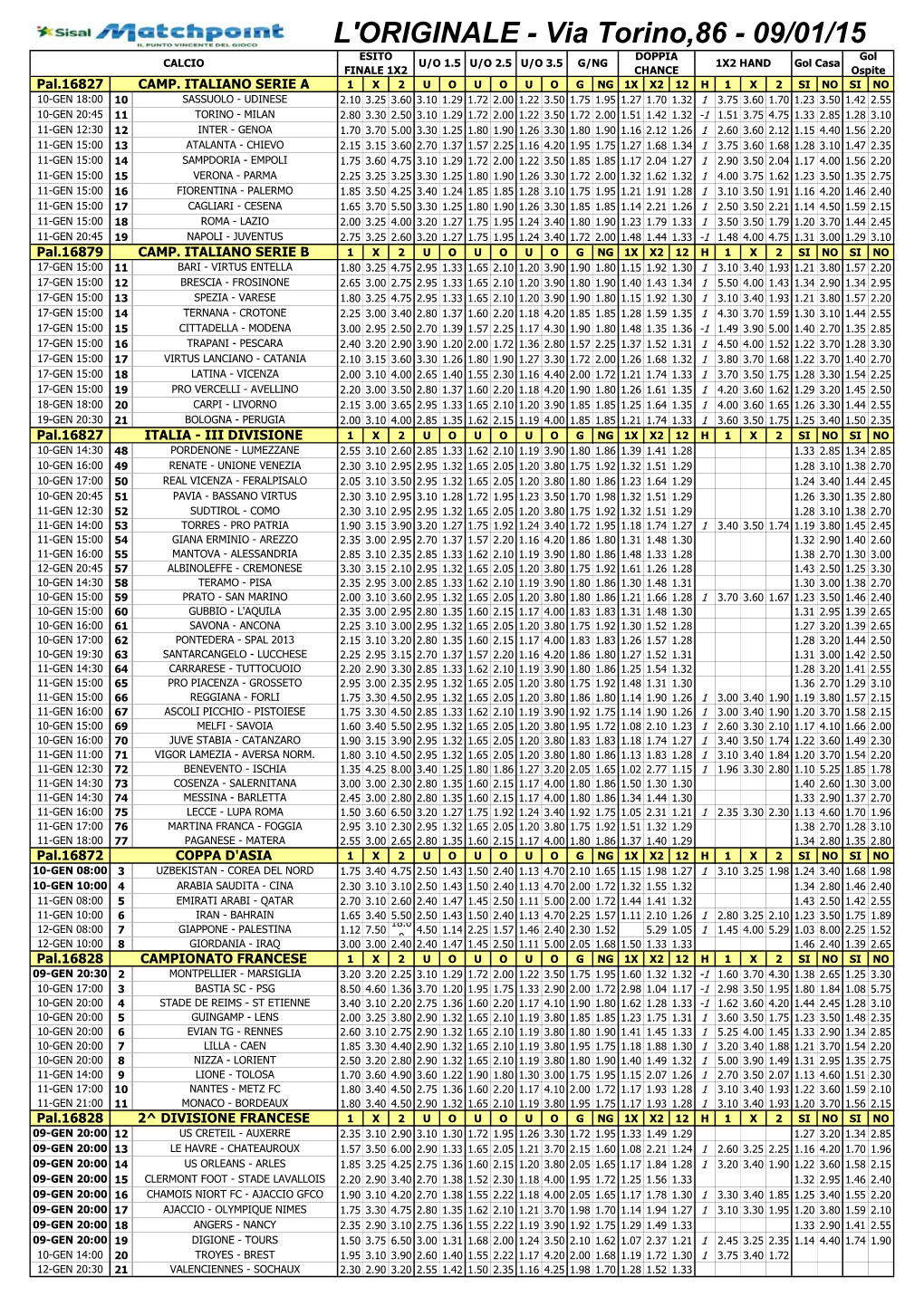 Via Torino,86 - 09/01/15 ESITO DOPPIA Gol CALCIO U/O 1.5 U/O 2.5 U/O 3.5 G/NG 1X2 HAND Gol Casa FINALE 1X2 CHANCE Ospite Pal.16827 CAMP