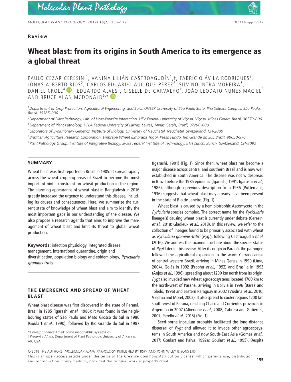 Wheat Blast: from Its Origins in South America to Its Emergence As a Global Threat