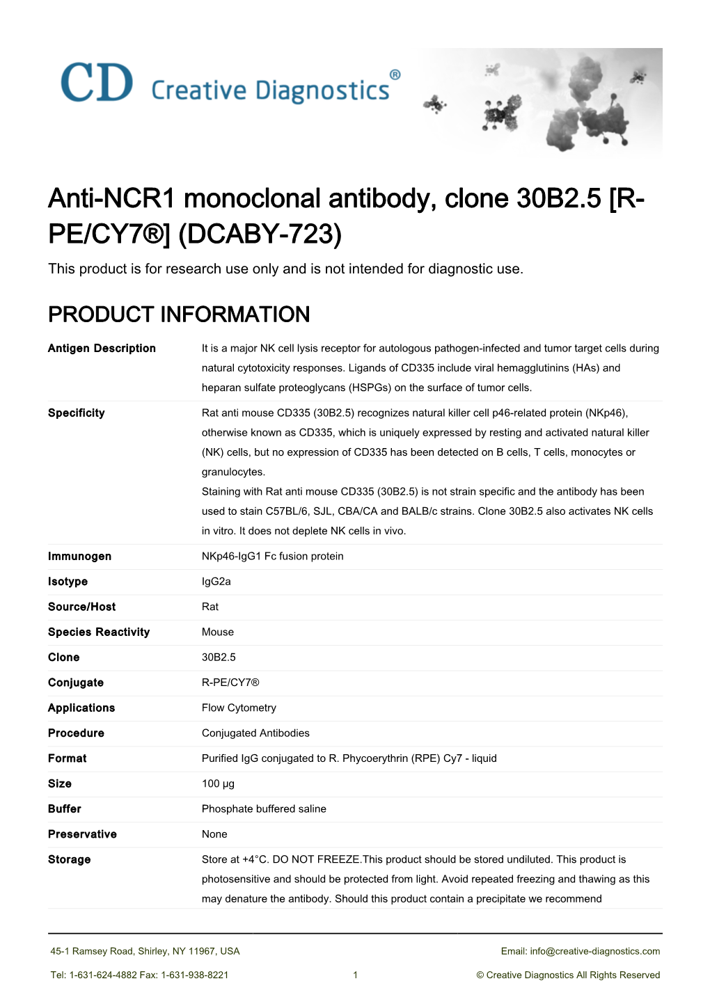 Anti-NCR1 Monoclonal Antibody, Clone 30B2.5 [R-PE/CY7®]