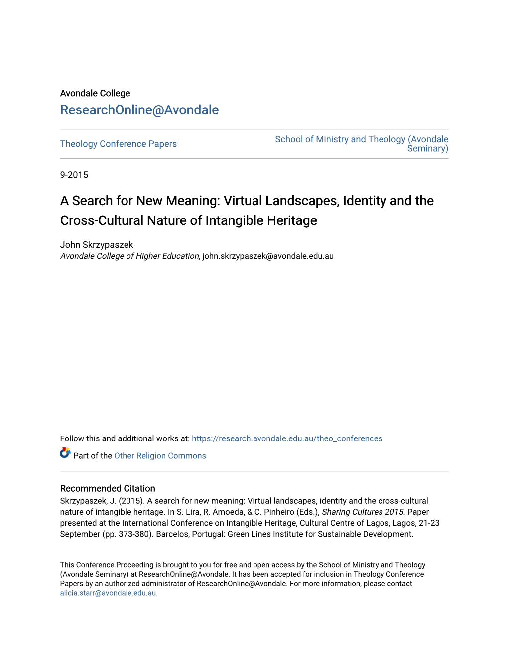 Virtual Landscapes, Identity and the Cross-Cultural Nature of Intangible Heritage