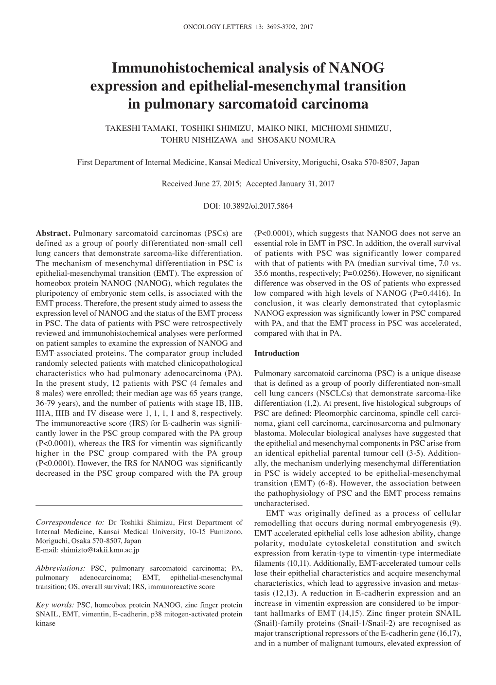 Immunohistochemical Analysis of NANOG Expression and Epithelial-Mesenchymal Transition in Pulmonary Sarcomatoid Carcinoma