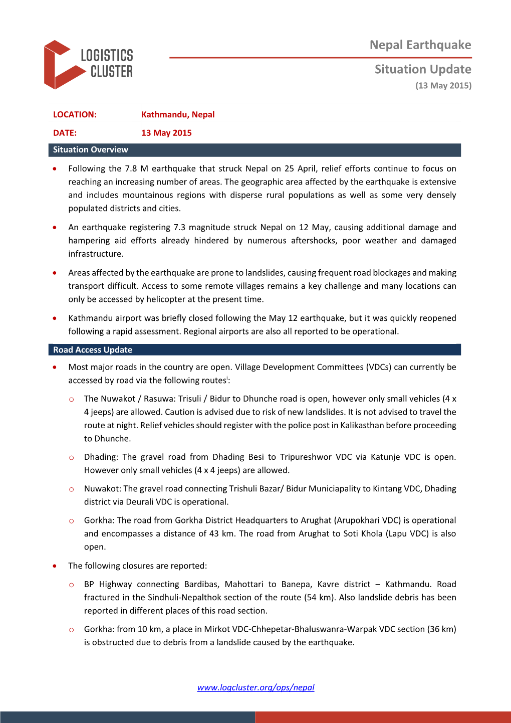 Nepal Earthquake Situation Update (13 May 2015)