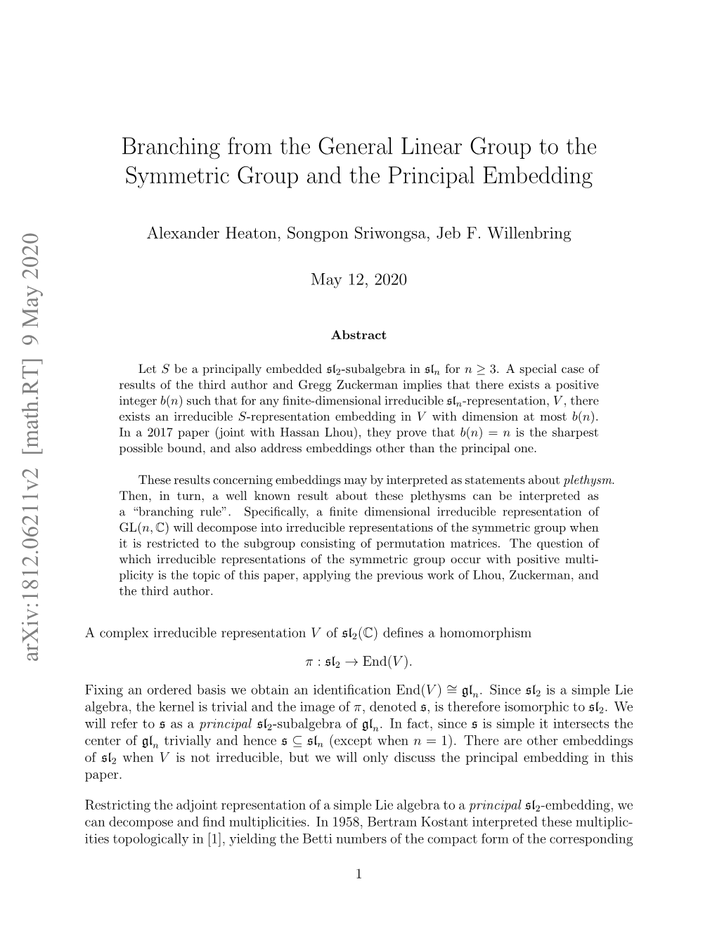 Branching from the General Linear Group to the Symmetric Group and the Principal Embedding