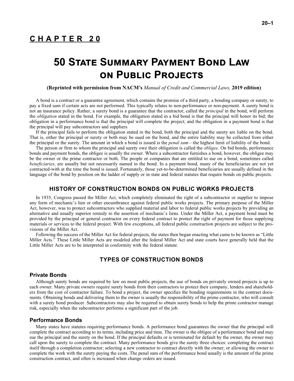 50 State Summary Payment Bond Law on Public Projects (Reprinted with Permission from NACM’S Manual of Credit and Commercial Laws, 2019 Edition)