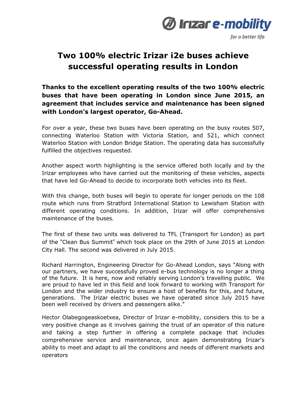 Two 100% Electric Irizar I2e Buses Achieve Successful Operating Results in London