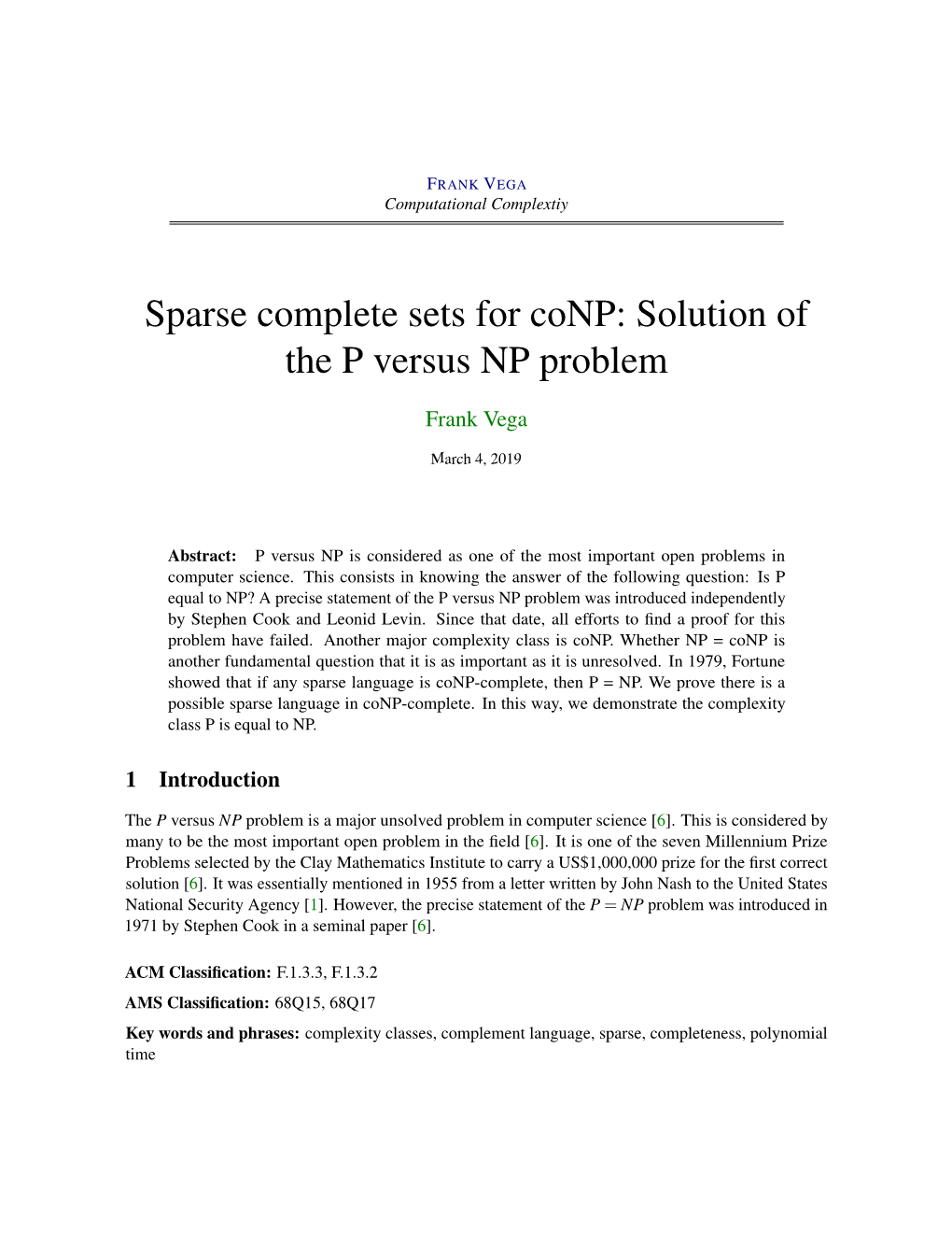 Sparse Complete Sets for Conp: Solution of the P Versus NP Problem