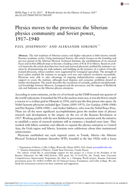 Physics Moves to the Provinces: the Siberian Physics Community and Soviet Power, 1917–1940