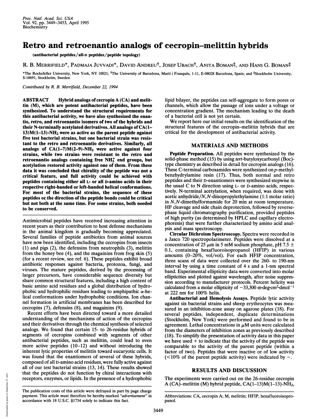 Retro and Retroenantio Analogs of Cecropin-Melittin Hybrids (Antibacterial Peptides/All-D Peptides/Peptide Topology) R