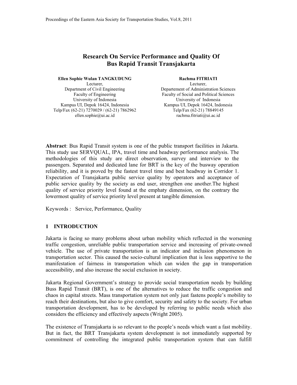 Research on Service Performance and Quality of Bus Rapid Transit Transjakarta