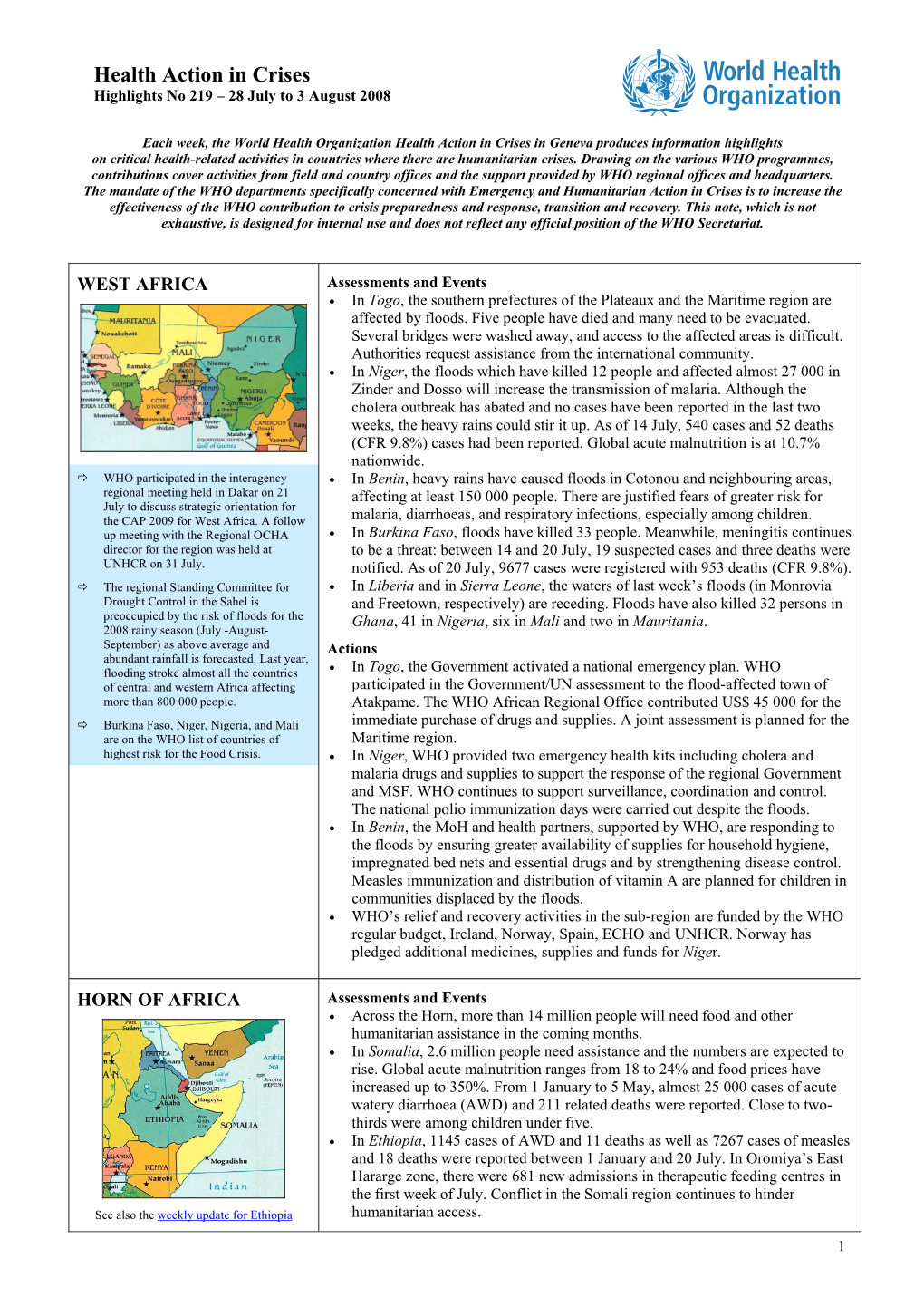 Health Action in Crises Highlights No 219 – 28 July to 3 August 2008