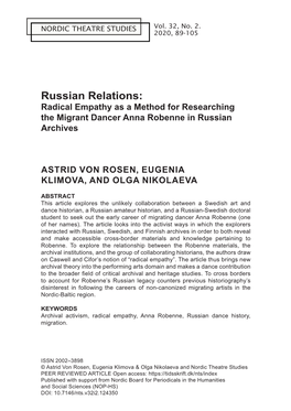 Russian Relations: Radical Empathy As a Method for Researching the Migrant Dancer Anna Robenne in Russian Archives