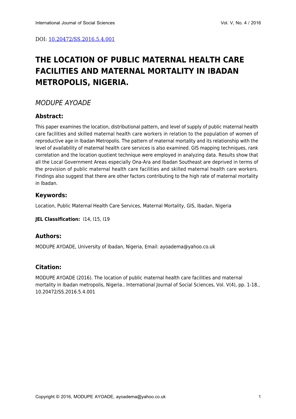 The Location of Public Maternal Health Care Facilities and Maternal Mortality in Ibadan Metropolis, Nigeria