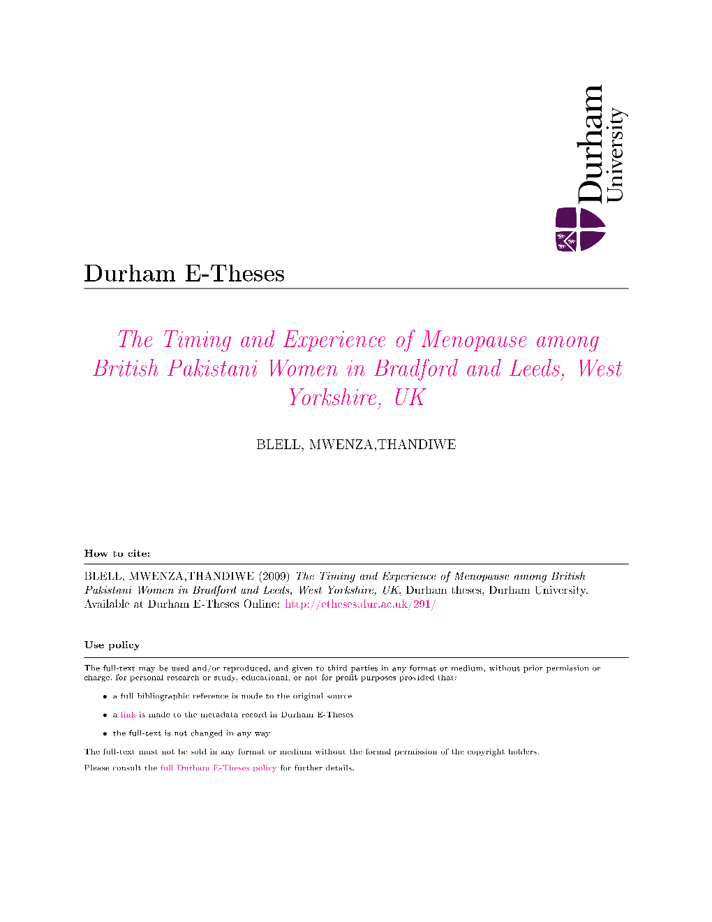 The Timing and Experience of Menopause Among British Pakistani Women in Bradford and Leeds, West Yorkshire, UK