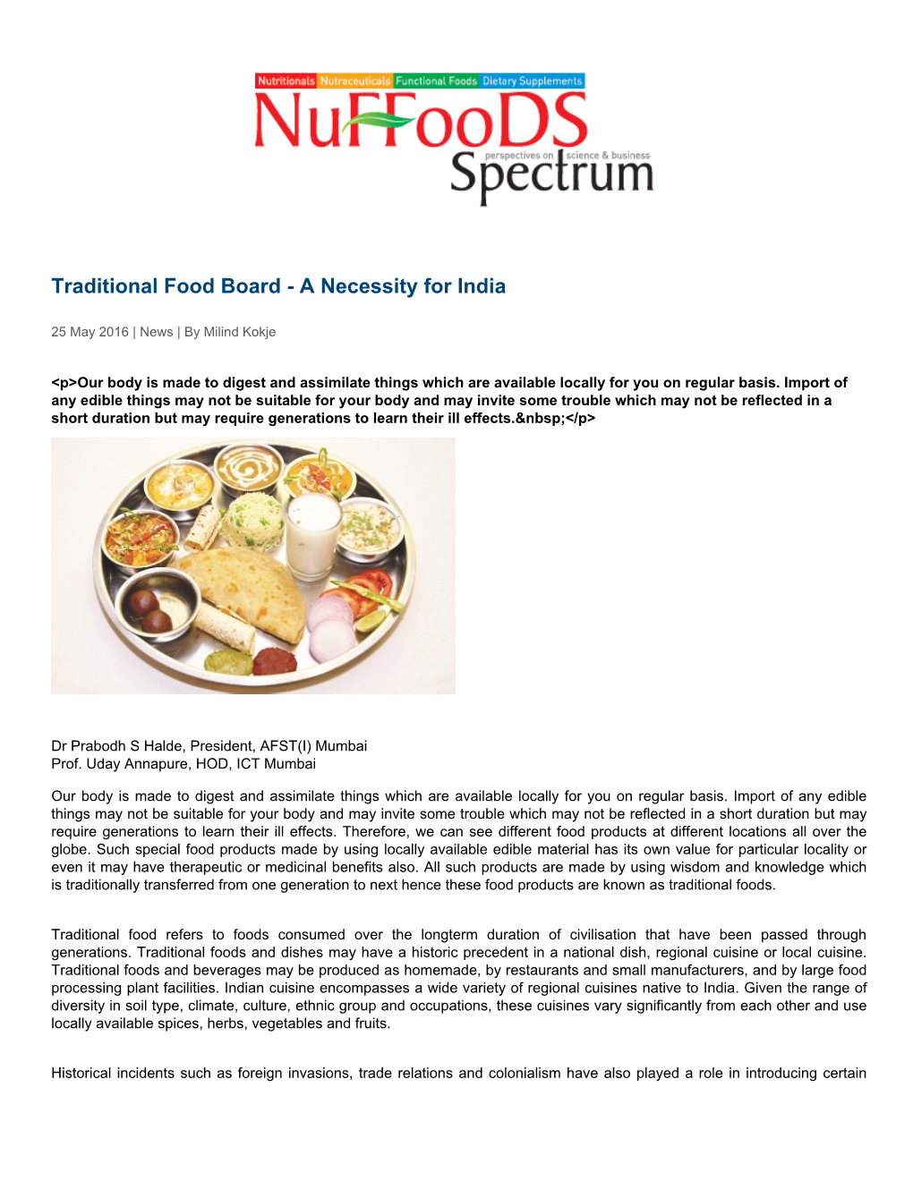 Traditional Food Board - a Necessity for India