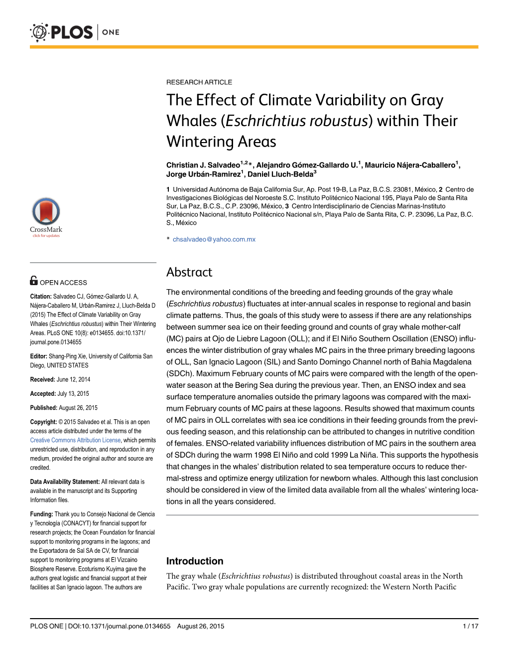 The Effect of Climate Variability on Gray Whales (Eschrichtius Robustus) Within Their Wintering Areas