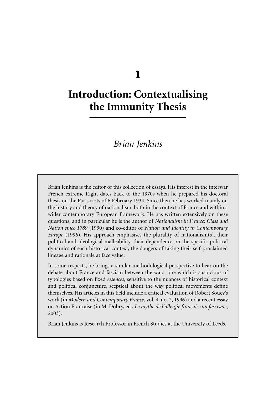 1 Introduction: Contextualising the Immunity Thesis