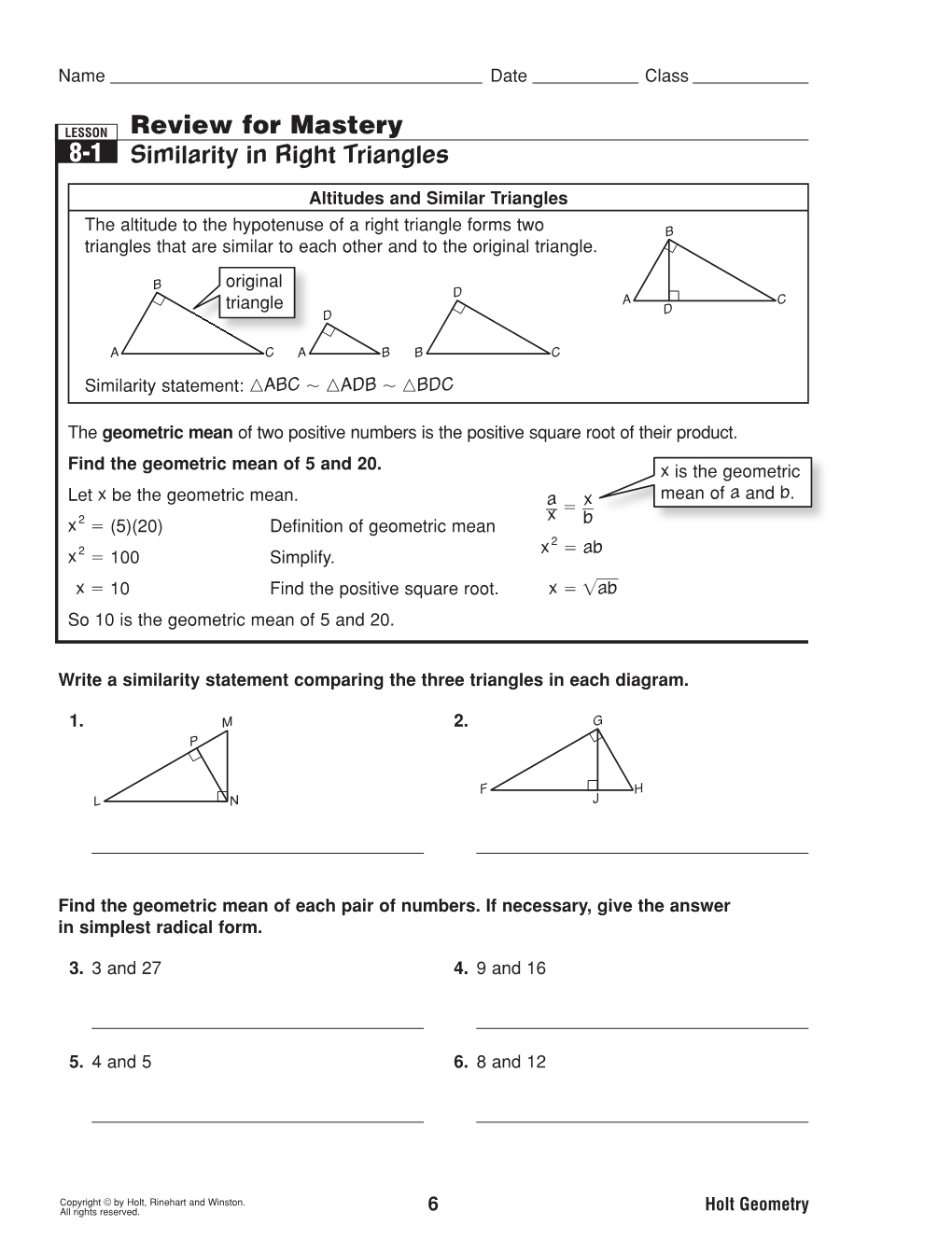 Review for Mastery 8-1 Similarity in Right Triangles