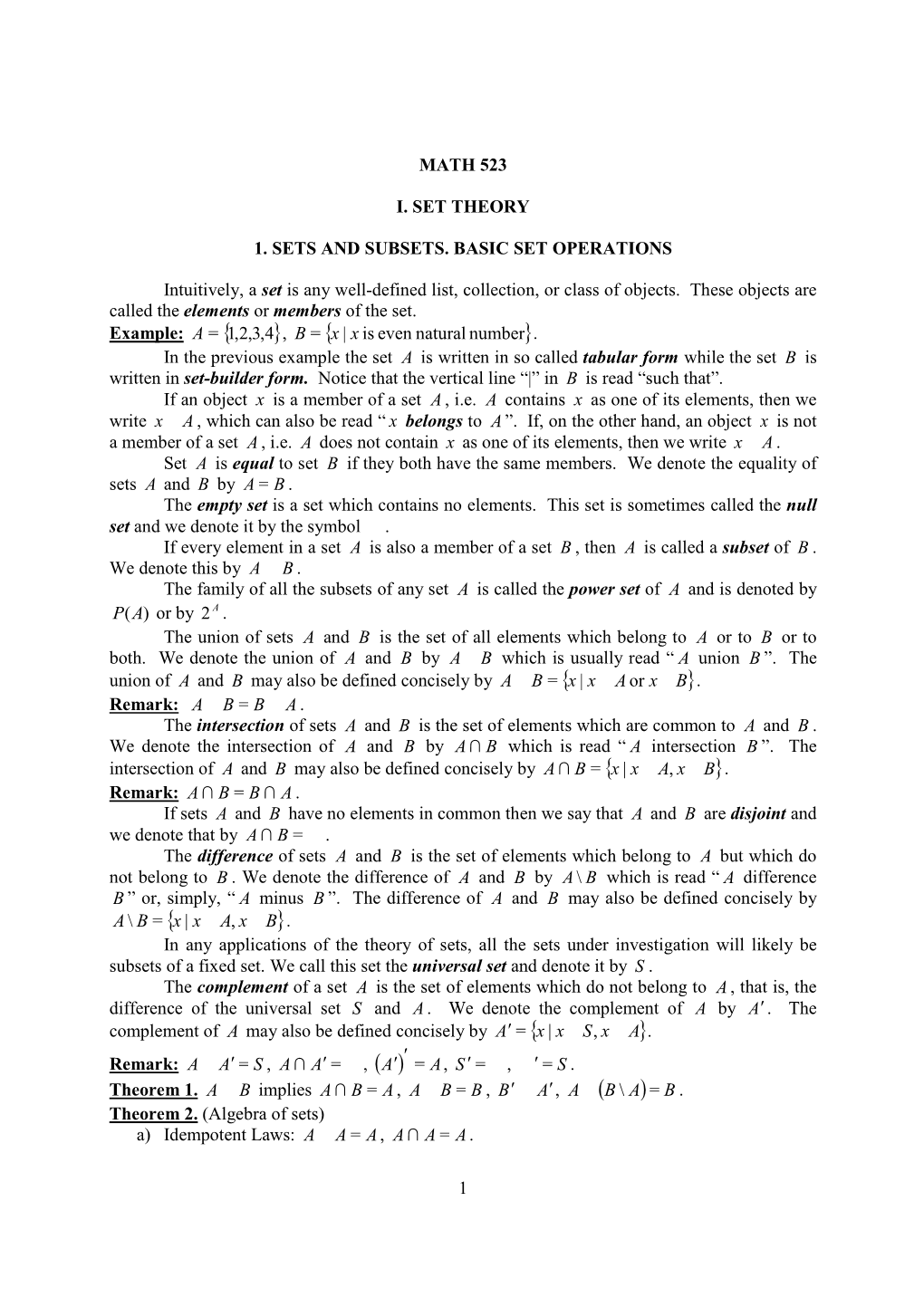 Set Theory Handout