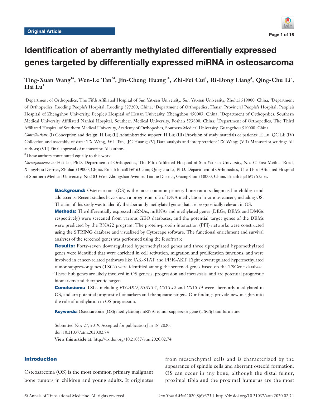 Identification of Aberrantly Methylated Differentially Expressed Genes Targeted by Differentially Expressed Mirna in Osteosarcoma