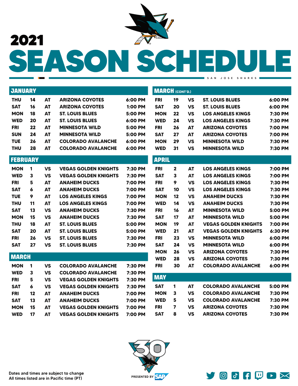 Season Schedulesan Jose Sharks