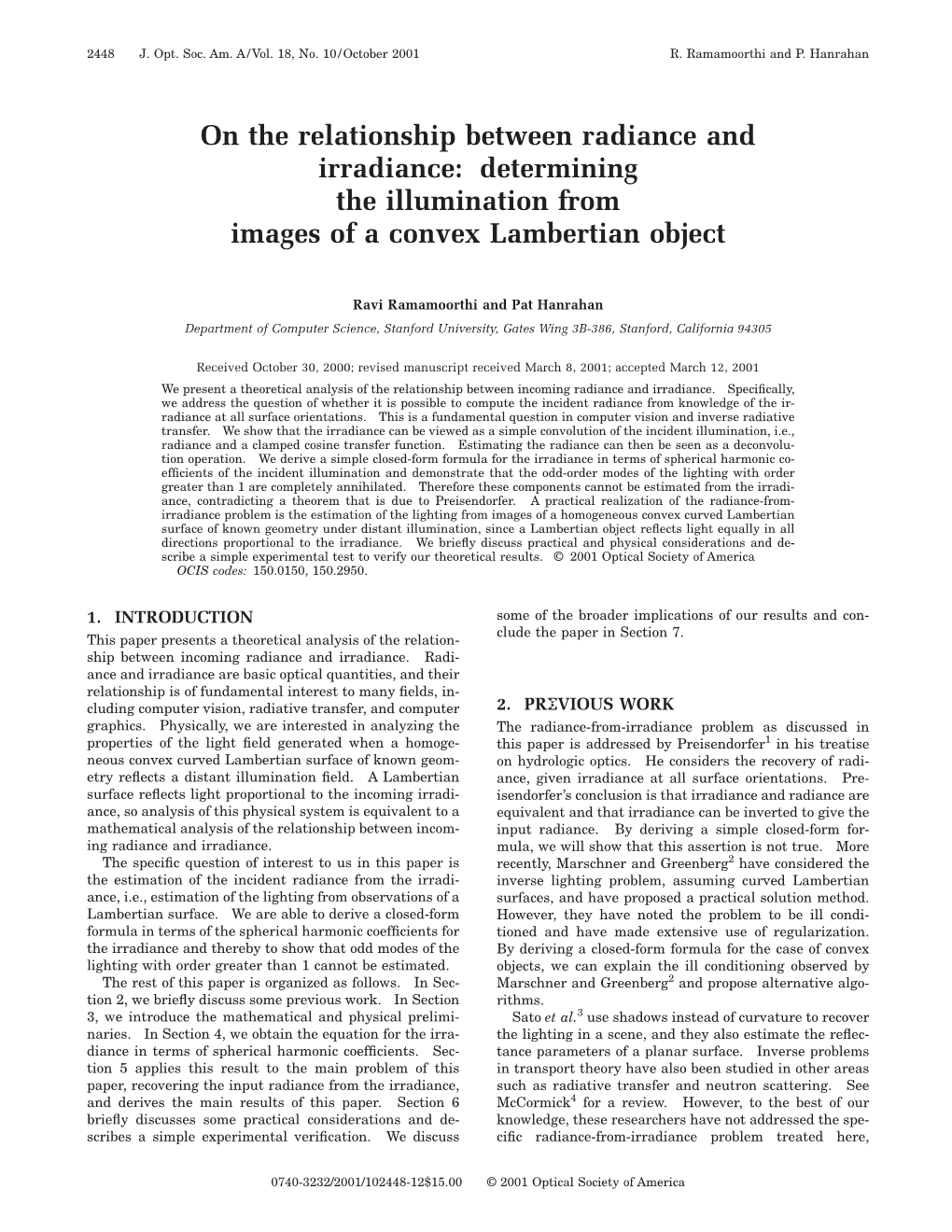 On the Relationship Between Radiance and Irradiance: Determining the Illumination from Images of a Convex Lambertian Object