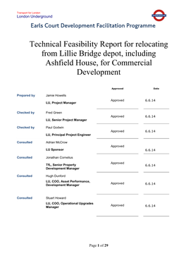 Technical Feasibility Report for Relocating from Lillie Bridge Depot, Including Ashfield House, for Commercial Development