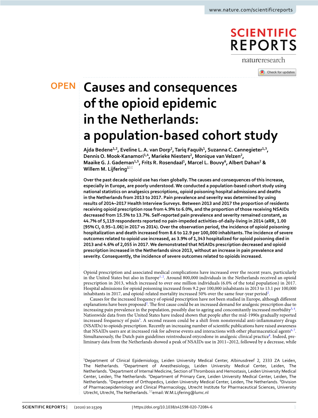 Causes and Consequences of the Opioid Epidemic in the Netherlands: a Population‑Based Cohort Study Ajda Bedene1,2, Eveline L