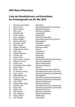 SPD Rhein-Pfalz-Kreis Liste Der Kandidatinnen Und Kandidaten Zur Kreistagswahl Am 26. Mai 2019