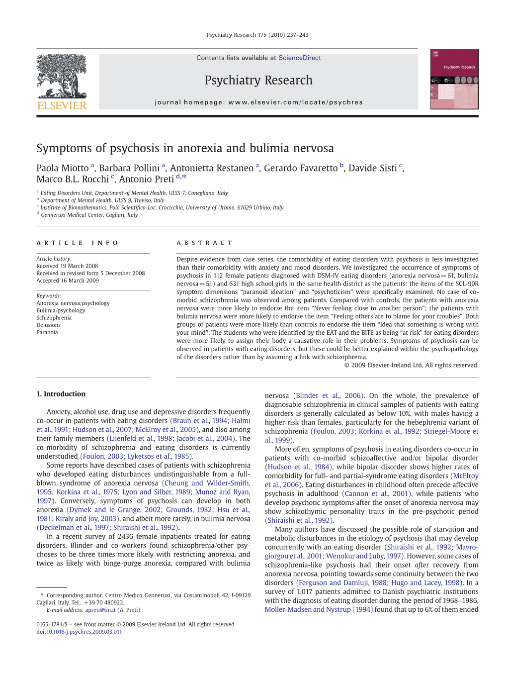 Symptoms of Psychosis in Anorexia and Bulimia Nervosa