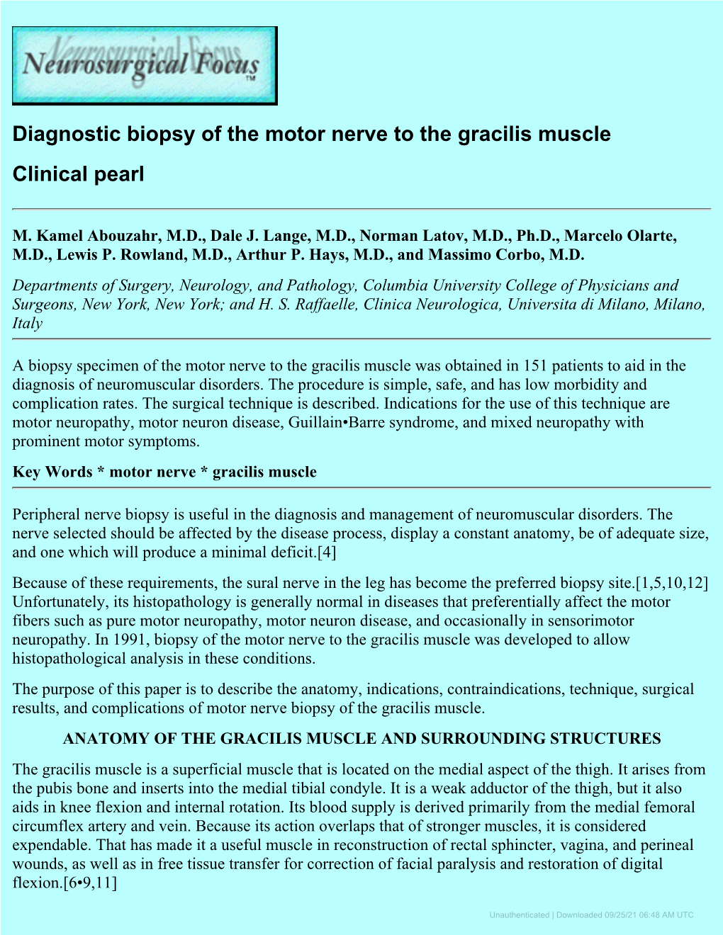 Diagnostic Biopsy of the Motor Nerve to the Gracilis Muscle Clinical Pearl