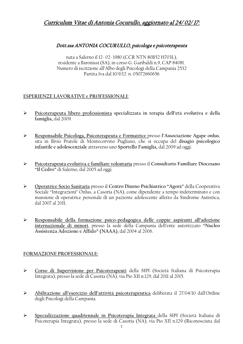 Curriculum Vitae Di Antonia Cocurullo, Aggiornato Al 24/ 02/ 17