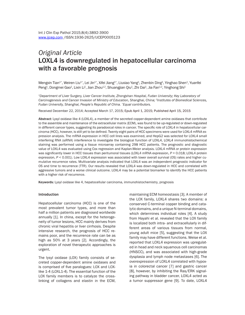 Original Article LOXL4 Is Downregulated in Hepatocellular Carcinoma with a Favorable Prognosis