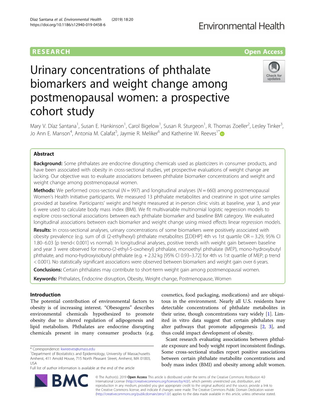 Urinary Concentrations of Phthalate Biomarkers and Weight Change Among Postmenopausal Women: a Prospective Cohort Study Mary V