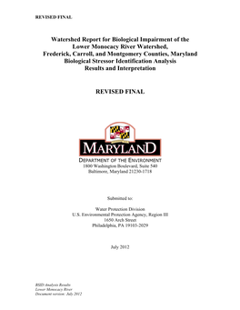Lower Monocacy River Watershed, Frederick, Carroll, and Montgomery Counties, Maryland Biological Stressor Identification Analysis Results and Interpretation