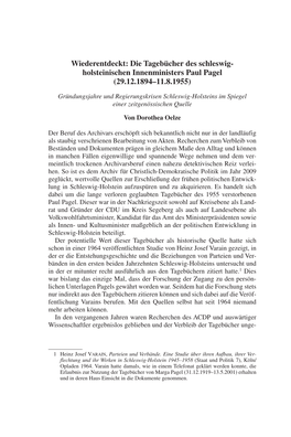 Wiederentdeckt: Die Tagebücher Des Schleswig-Holsteinischen Innenministers Paul Pagel